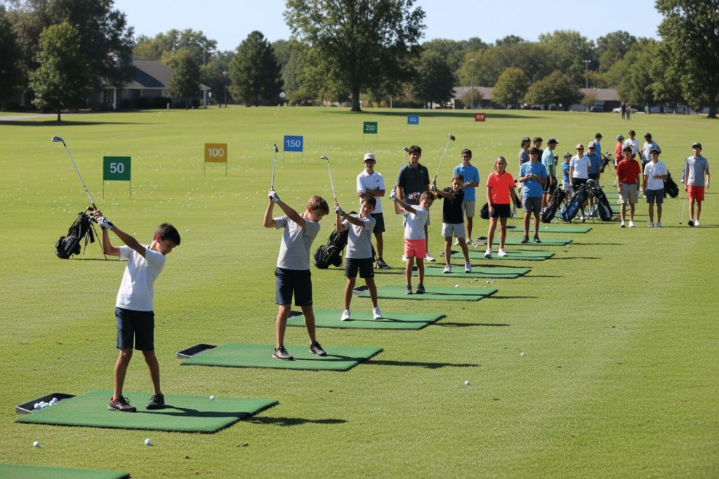 en masse unge golfere p og omkring driving range