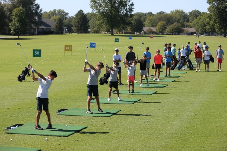 en masse unge golfere p og omkring driving range