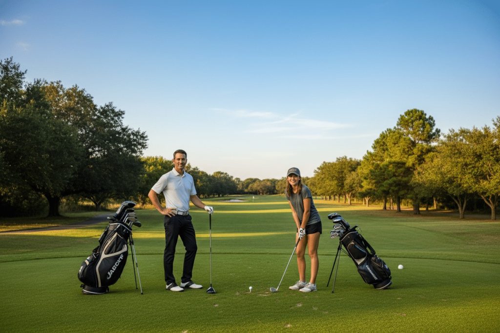 Golf øvelser for begyndere 2026 Golfstart.dk en professionel golfspiller og en begynder st r side om side ved f rste tee og kigger ud over golfbanen