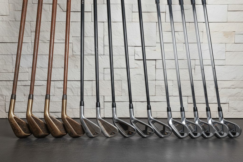Udstyrsguides 2026 Golfstart.dk lav et billede af en masse golf jerns t der st r op af en v g nogle er oldgamle lavet af tr mere er brugte grafitskafter og andre er helt nye st lskafter der m gerne v re 15 s t i alt