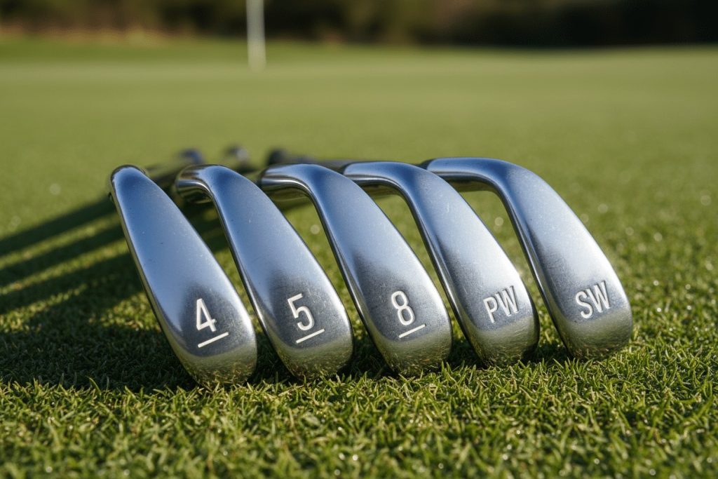 Golf øvelser for begyndere 2026 Golfstart.dk lav et n rbillede at et golf jerns t der ligger p en green s man blot kan se numrene p jernhovederne