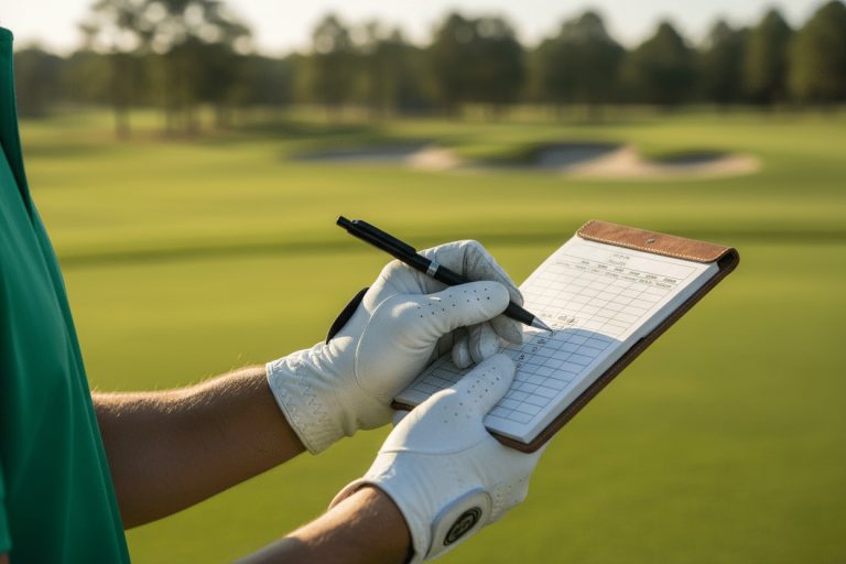 n rbillede af en golfer der skriver noter ned i sin notesbog