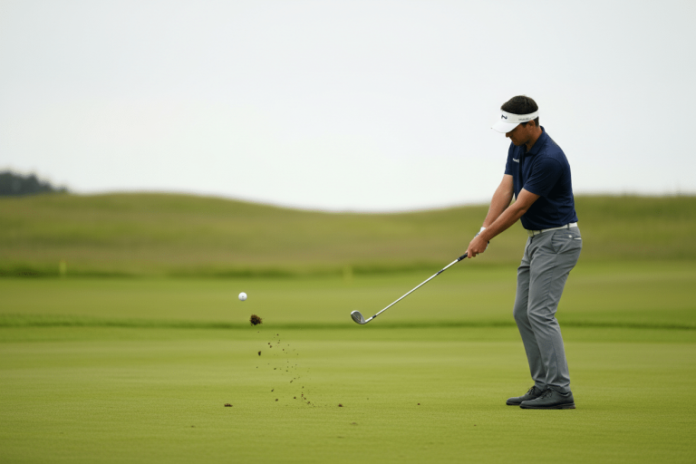 venstreh ndet golfspiller sl r jernslag fra fairway e1763732815668